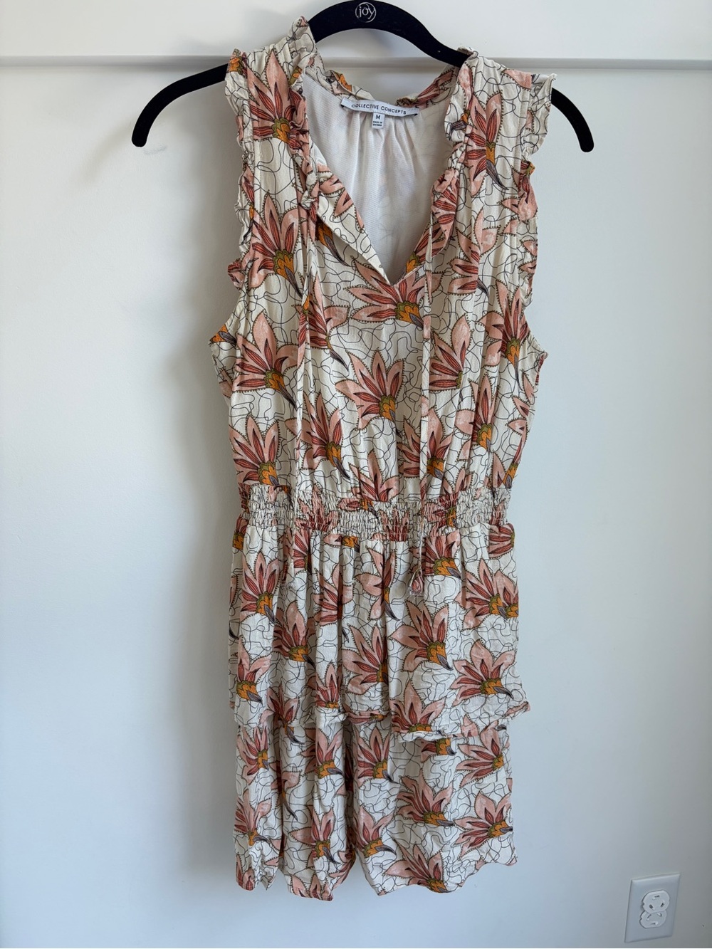 Collective Concepts Floral Sleeveless Ruffled Waist Dress - Cream w Pink Floral
